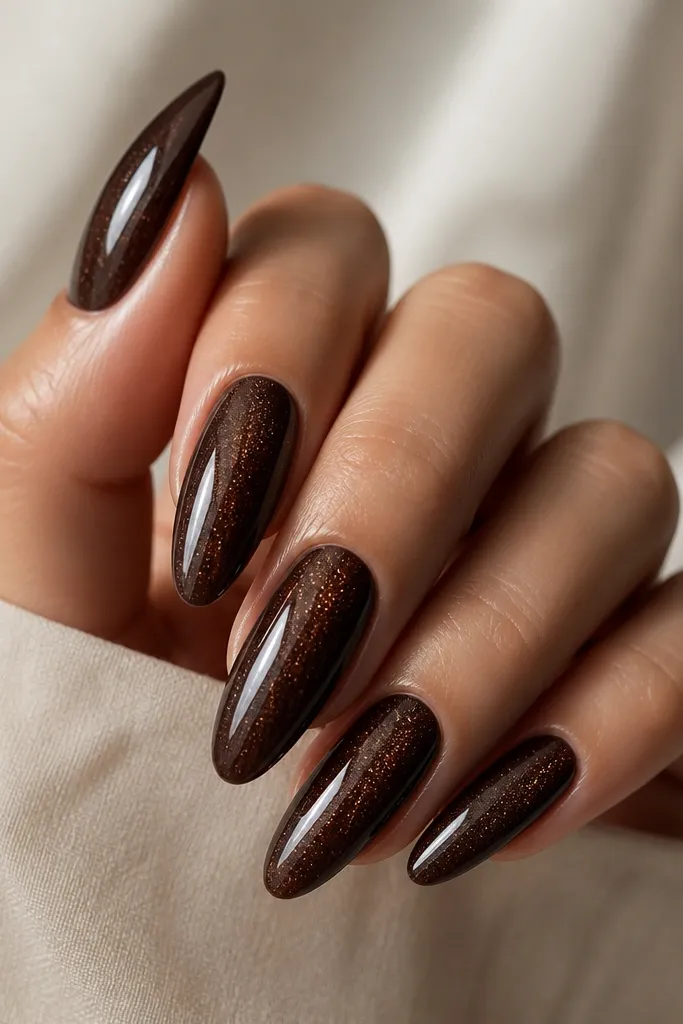 Long almond nails painted espresso brown with a centered cat-eye stripe, overlaid with a fine, sparse silver-brown micro-glitter that stays mostly in the top half. The nails look glossy and glassy under light.