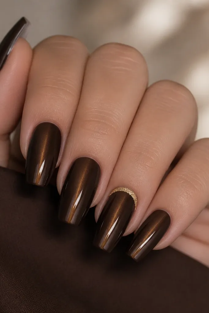 Medium coffin nails in deep umber with a centered cat-eye stripe. On the ring finger, there is a thin gold foil crescent hugging the cuticle line, leaving a clear gap under the eye stripe.