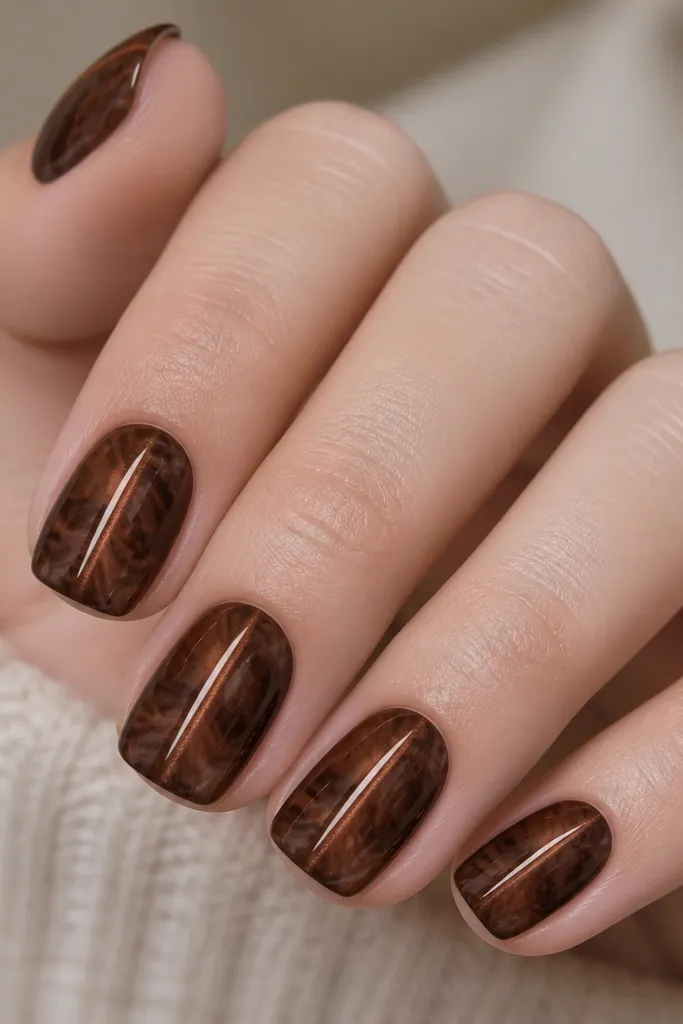 Short square nails with a chocolate brown base showing a marbled swirl in darker brown. Each nail has a centered cat-eye stripe running through the marble pattern, with a high-gloss finish.