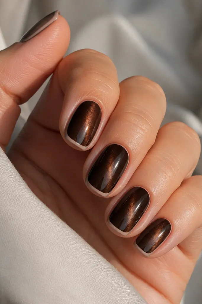 Short squoval nails with a deep espresso brown cat-eye base. The tip has a nude French outline painted as a thin U-shape, leaving the cat-eye stripe uninterrupted.