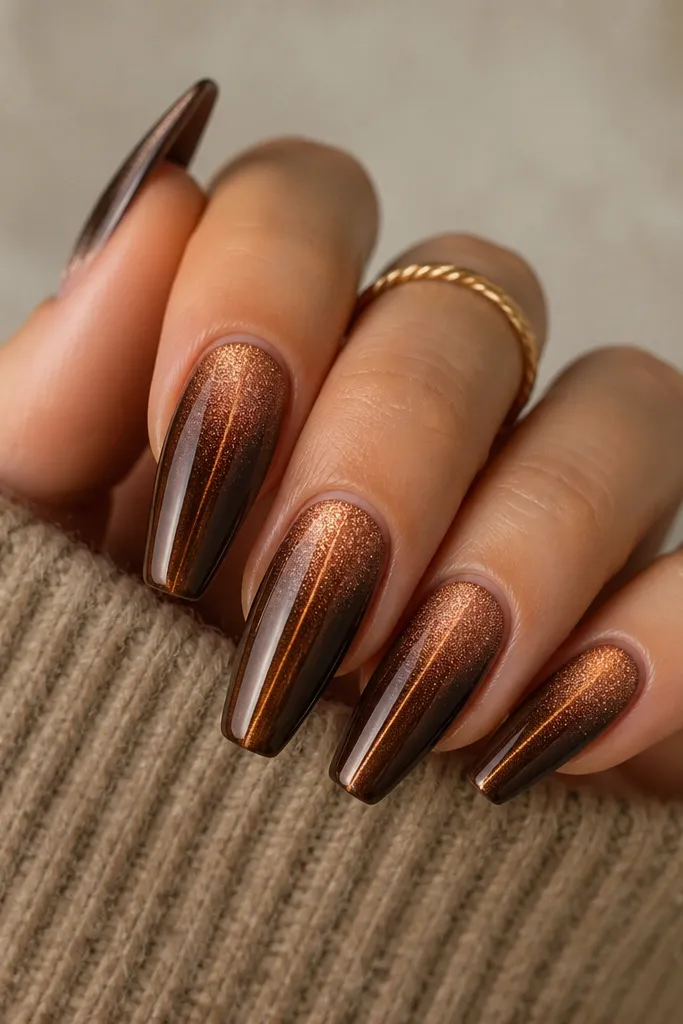 Medium coffin nails in warm umber cat-eye with a centered stripe. A light copper chrome dust sits over the top third of the nail, fading into the base.
