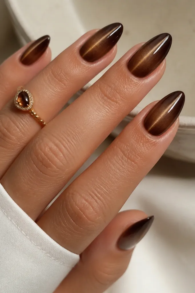 Medium almond nails with a gradient from caramel at the base to espresso at the tip. The cat-eye stripe runs through the whole nail, slightly brighter where the espresso is darker.