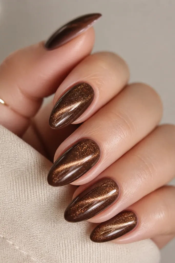 Short oval nails in mocha brown cat eye with a centered stripe. On two accent nails, pearl dust forms a soft halo around the cuticle, with no heavy glitter.