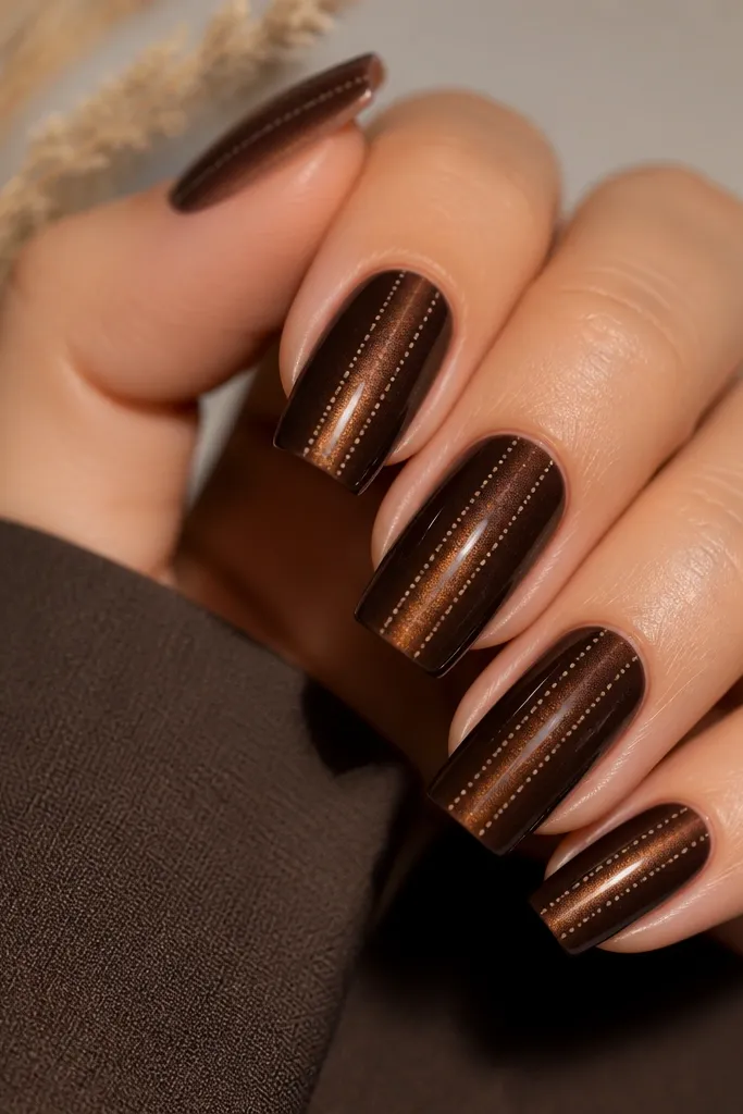 Square nails in dark brown cat eye with a centered stripe. Along each side of the stripe, there are tiny nude micro dots forming a subtle vertical line from mid-nail to near the tip.