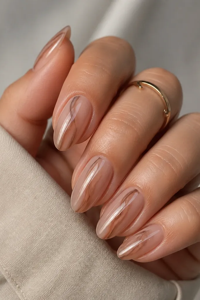 Short almond nails with a mostly clear nude base. Caramel-brown swirl lines sit under a centered cat-eye stripe, giving a layered look that shows the nail underneath.