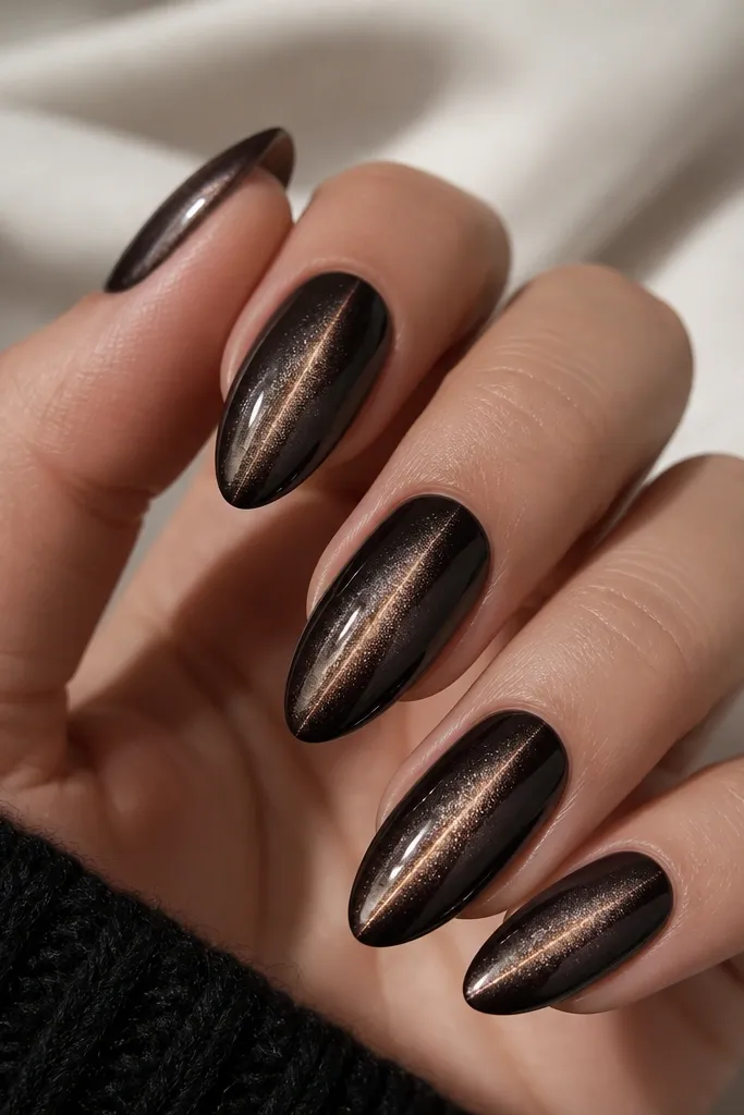 Medium almond nails painted black-brown cat eye with a centered stripe. A thin rose gold spark line runs straight through the stripe area, like a glittery highlight.