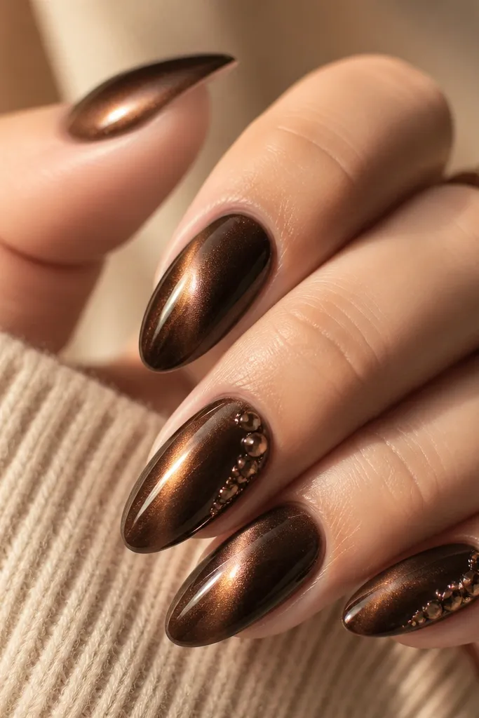 Long almond nails in mocha brown cat eye. On the ring finger, there is a small cluster of dark rhinestones near the cuticle, arranged in a curved half-moon over the stripe.