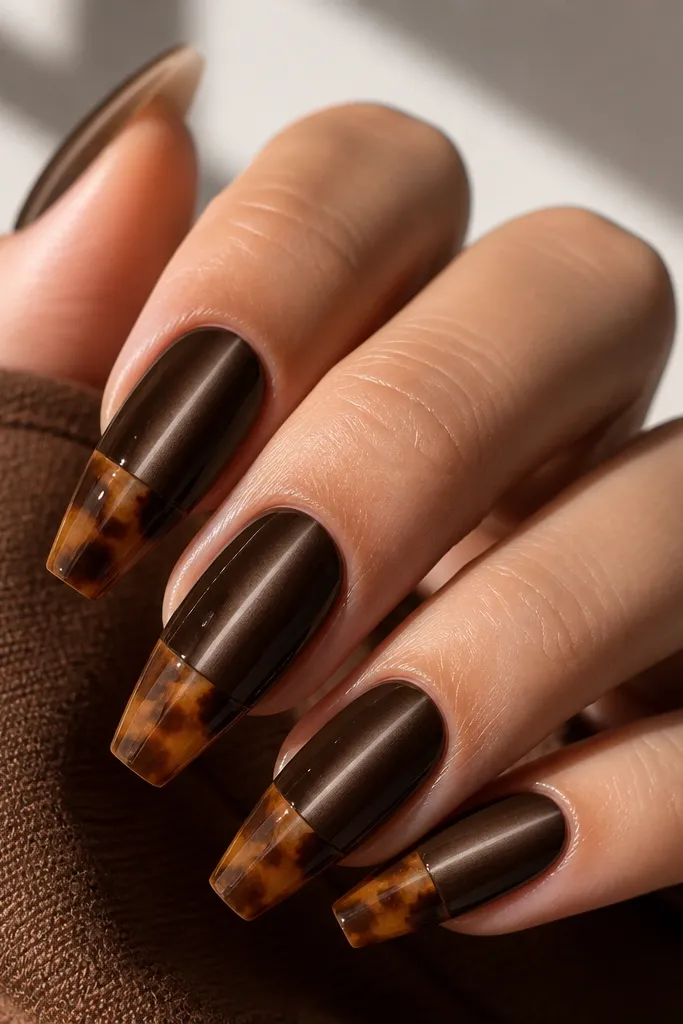 Medium coffin nails in dark umber cat eye with a centered stripe. The top half is solid, and the free edge has a tortoiseshell pattern in caramel, dark brown, and amber.