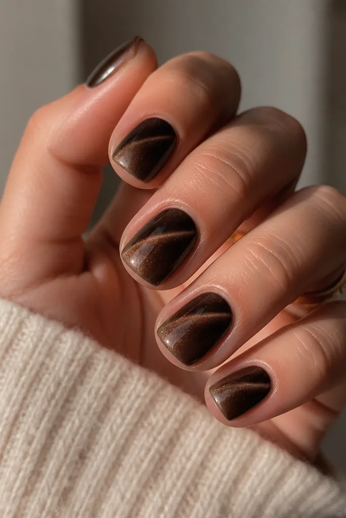 Short squoval nails with espresso brown cat eye stripes. Under the stripe, there is a thin smoky gray underline that fades toward the tip.