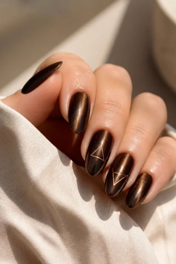 Medium almond nails in dark brown cat eye. On two accent nails, copper line art forms a simple geometric triangle pointing toward the cat-eye stripe.