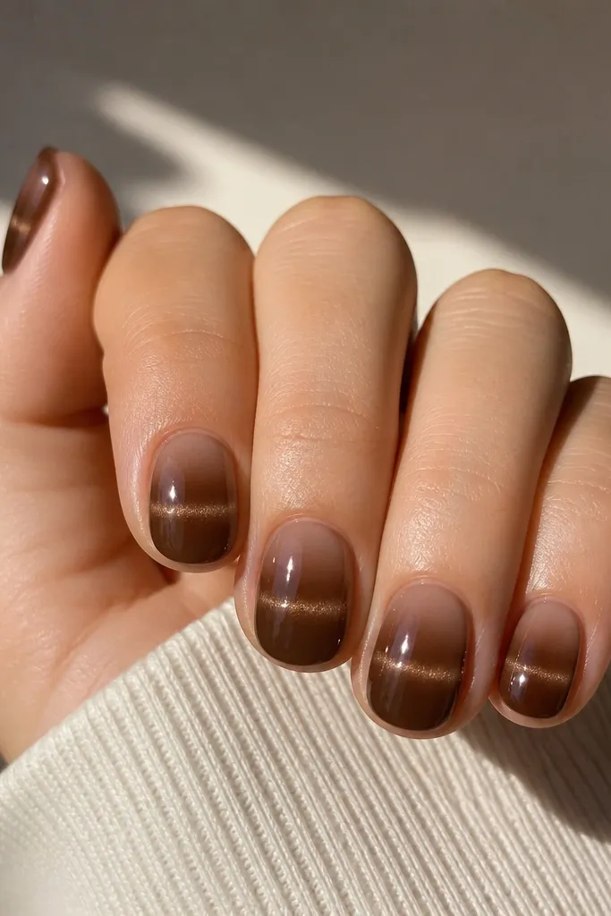 Short oval nails with a sheer brown ombré that deepens toward the tips. The cat-eye stripe is centered and brighter in the darker lower half.