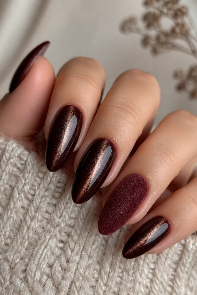 Almond nails in oxblood brown cat eye with a centered stripe. On the accent nail, the base is covered with a burgundy velvet powder that looks fuzzy, while the rest stay glossy.