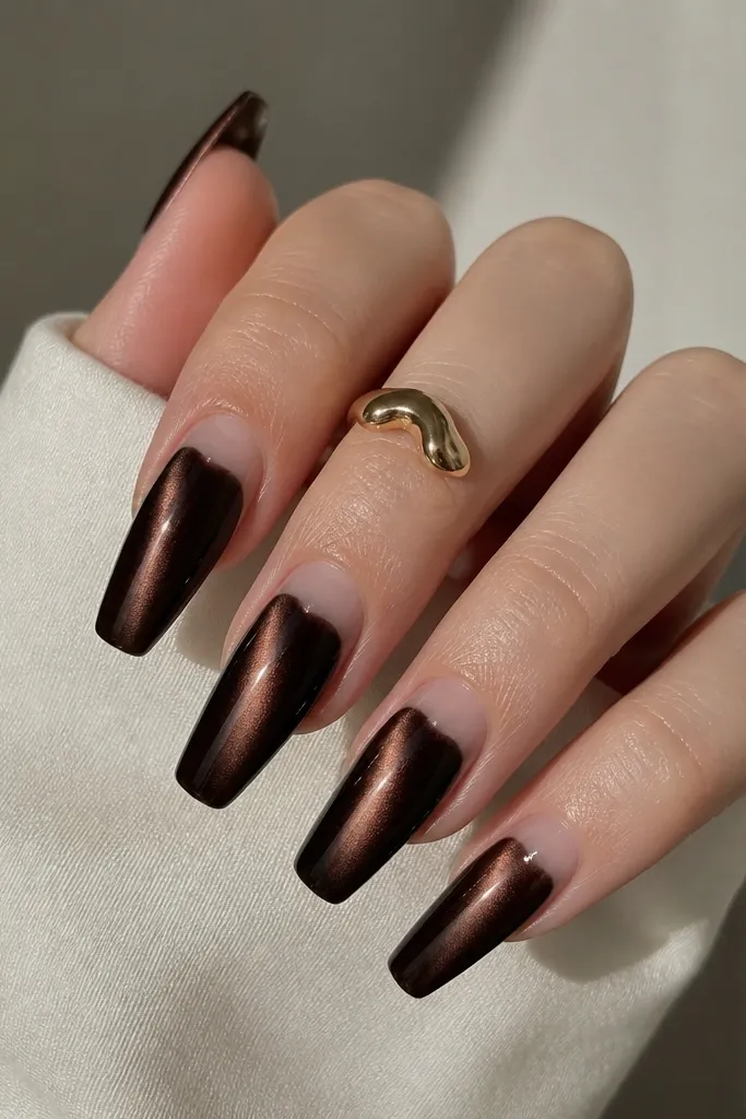 Medium coffin nails in smoky dark brown cat eye. A clear jelly half-moon sits at the cuticle area, so the brown starts lower, and the stripe begins right above the moon.