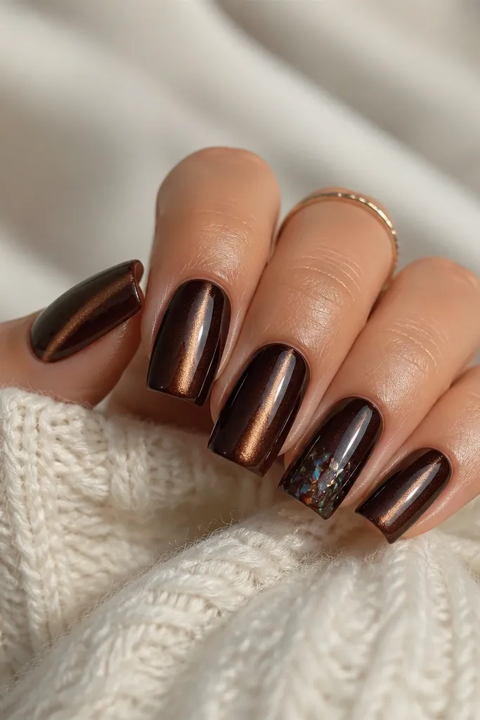 Square nails in deep umber cat eye with a centered stripe. On the ring finger, dark brown holographic shards sit near the tip and reflect green-blue flashes.