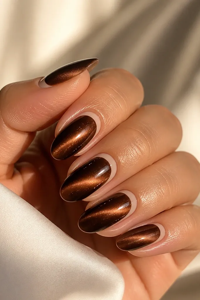 Medium almond nails in chocolate brown cat eye with a centered stripe. There is a nude frame that outlines the cuticle in a reverse French style, leaving a clean nude border around the base.