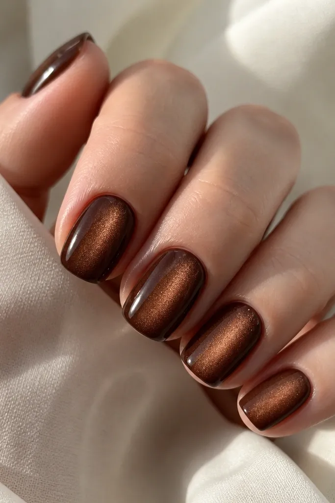 Short squoval nails painted in warm cocoa-brown cat-eye gel with a softer, wider center glow stripe; finish is high gloss and smooth.