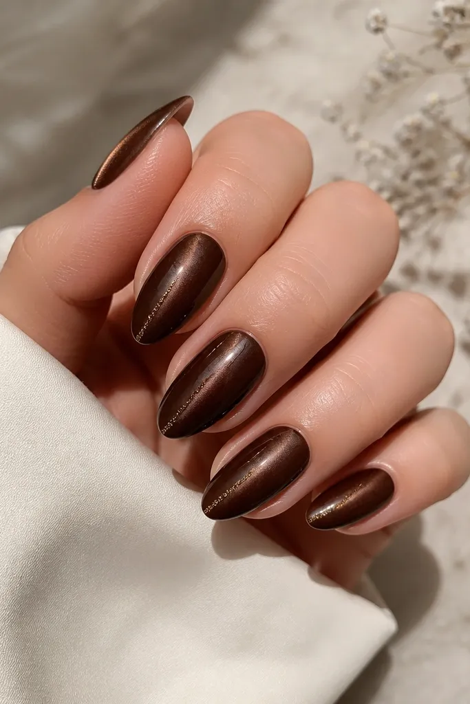 Almond nails in dark brown cat-eye with a thin curved strip of micro gold foil along the outer edge near the tip; center stripe remains bright.
