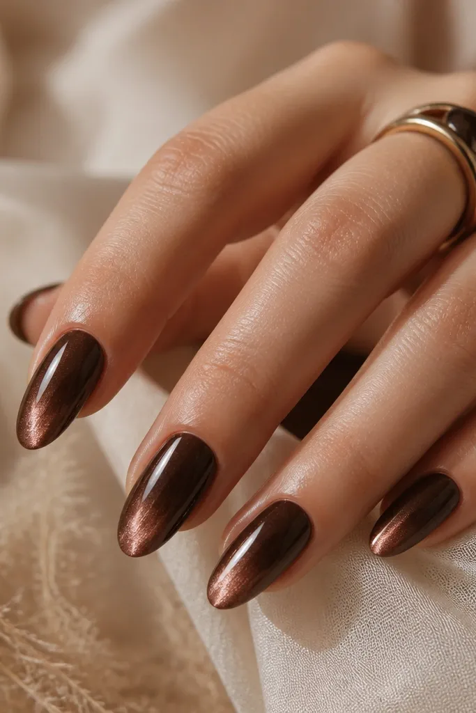 Medium almond nails in dark brown cat-eye where the bright stripe concentrates near the tip, fading toward the cuticle; glossy finish.