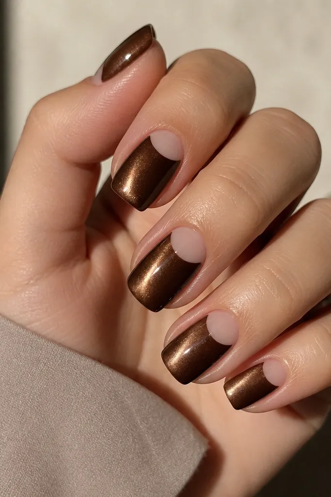 Short squoval nails with a brown cat-eye stripe; a pale nude half-moon sits at the cuticle, creating contrast beneath the stripe.