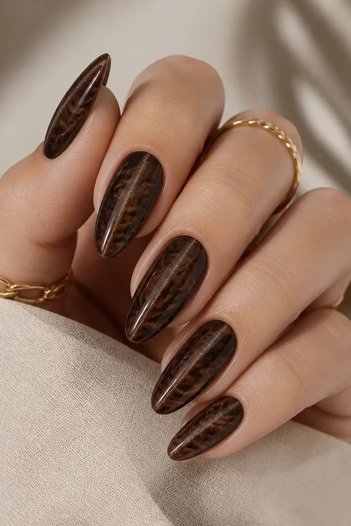 Almond nails with dark chocolate cat-eye stripes and thin marbled swirls in lighter brown across the background; the stripe stays centered.