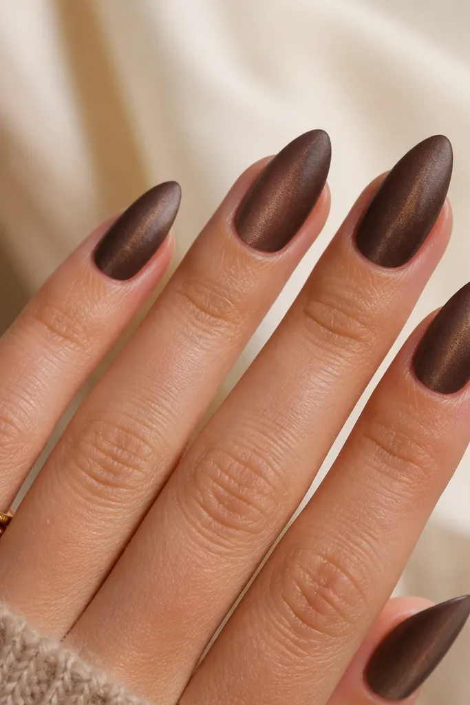 Medium almond nails painted smoky brown cat-eye with a matte finish; the center stripe looks like a soft glow rather than a mirror reflection.