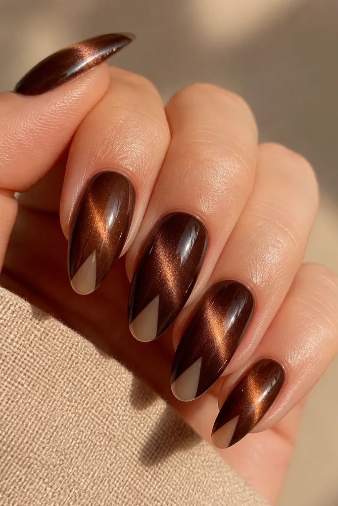 Almond nails with dark brown cat-eye stripe and a clear V-shaped negative space near the center, leaving the nail bare between two brown sides.