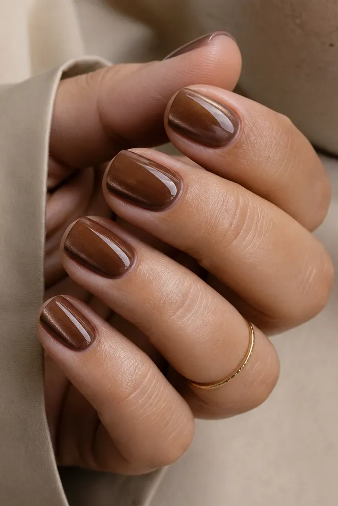 Short squoval nails in caramel-brown cat-eye with a single thin white stripe running parallel to the magnet line; glossy finish.