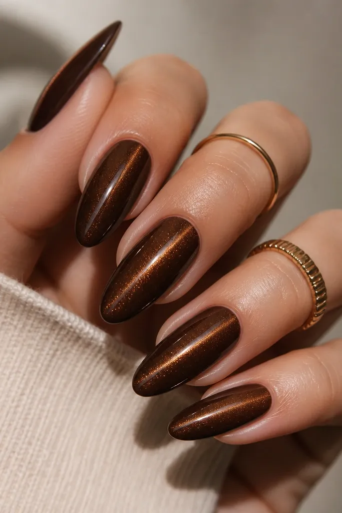 Long almond nails in deep brown cat-eye with a faint bronze micro-glitter haze over the surface, while the center stripe remains sharp.