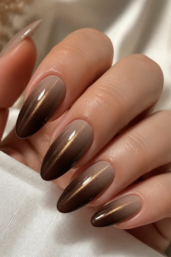 Almond nails where the lower half is deep brown cat-eye and the tip fades into taupe; stripe stays centered and bright.