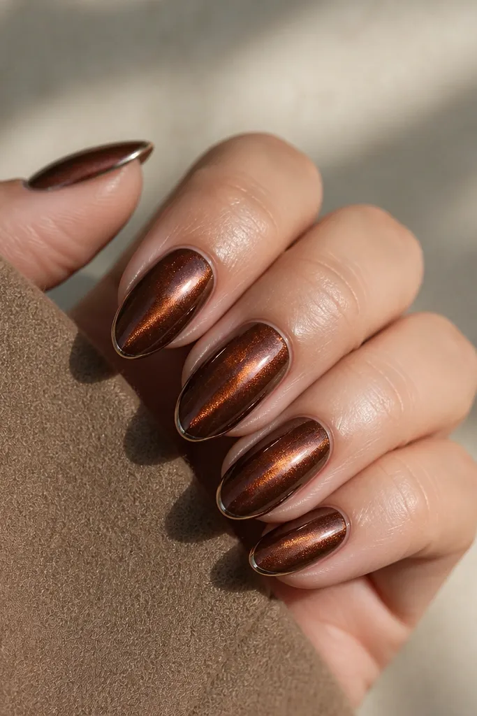 Medium almond nails in burnt umber cat-eye with thin copper lines tracing the nail edges; center stripe is bright and glossy.