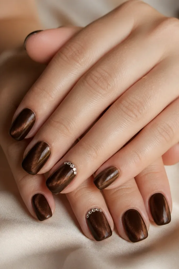 Short squoval nails in dark brown cat-eye with a small cluster of clear rhinestones at the cuticle on two nails; other nails stay plain.
