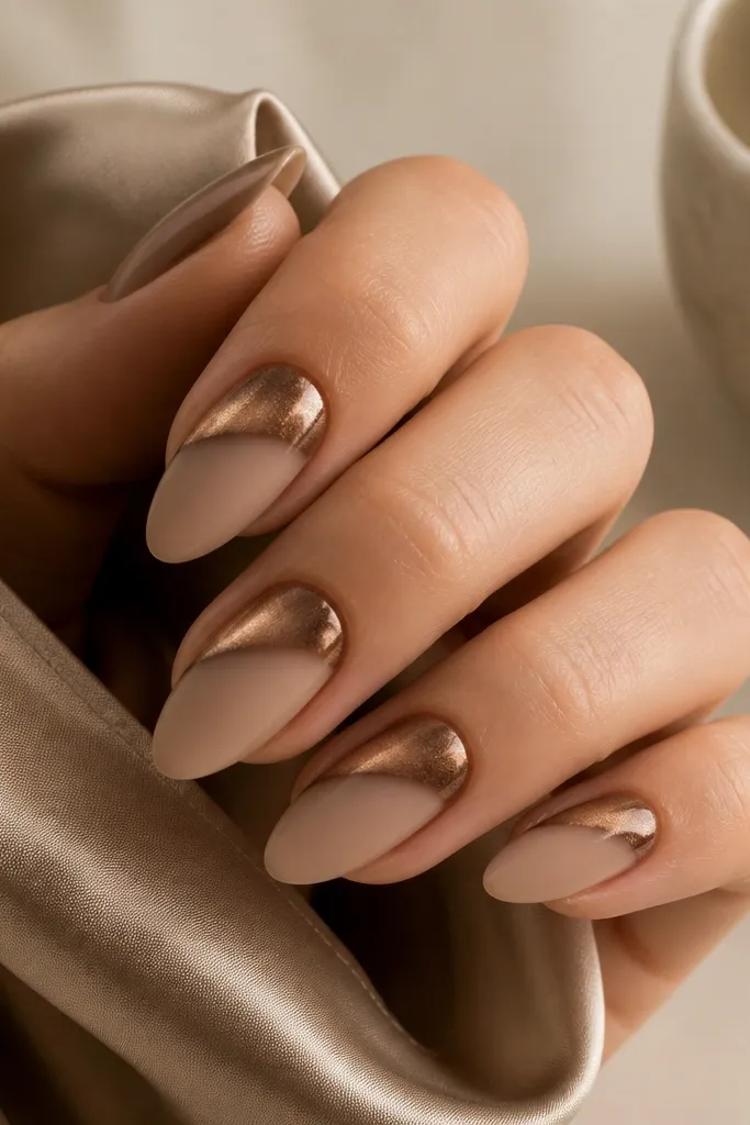 Almond nails with a satin nude lower base and mocha brown cat-eye stripe concentrated on the upper half; soft glow and semi-matte look on nude.