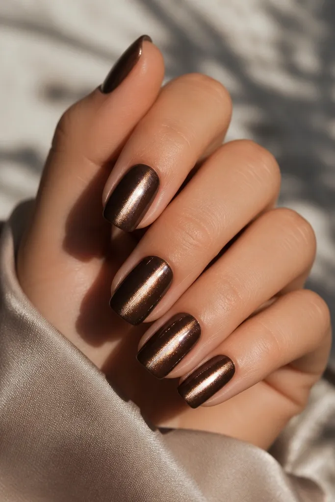 Squoval nails in dark brown cat-eye with two pearlized nude side swipes near the middle, leaving the center stripe bright.