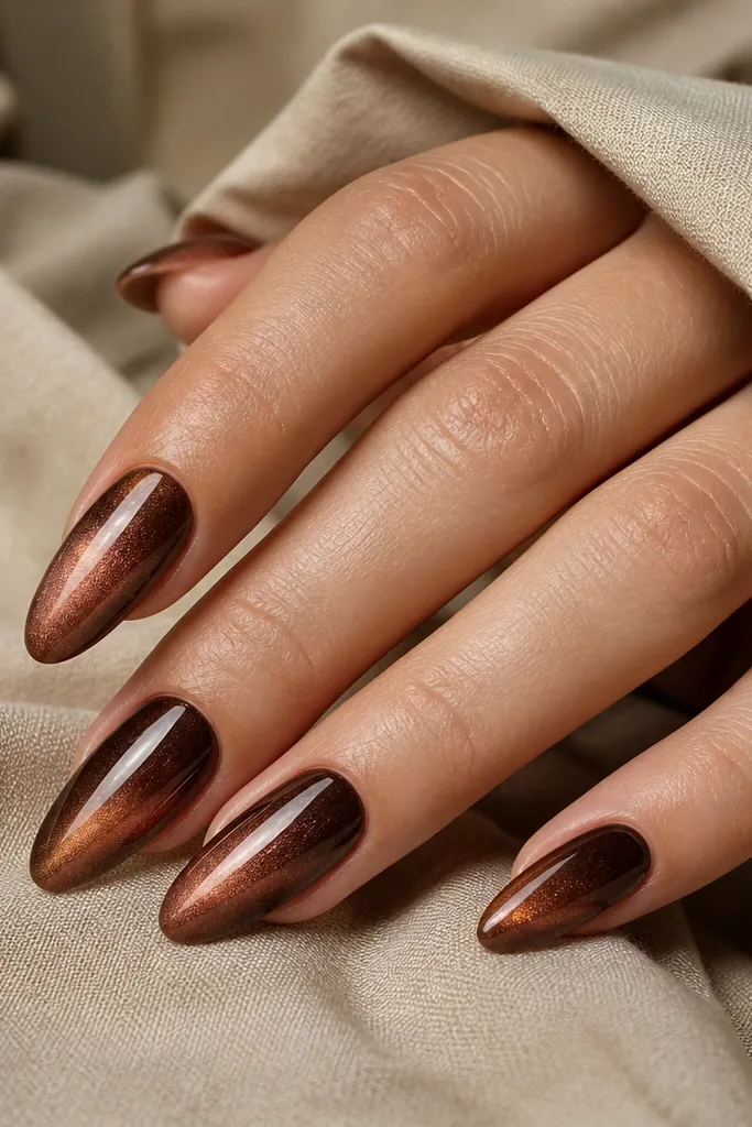 Almond nails in cinnamon brown cat-eye with a copper ombré glow near the cuticle that fades upward into the brown stripe.