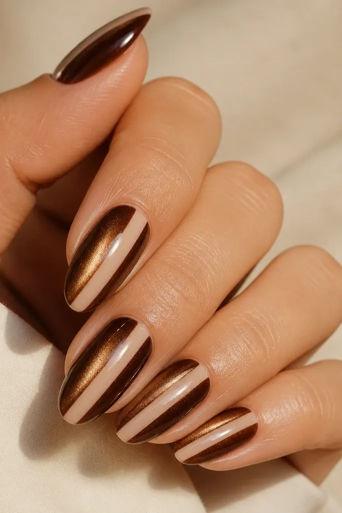 Medium almond nails where a nude vertical stripe runs through the center, dividing the dark brown cat-eye into two sides; stripe remains centered visually.
