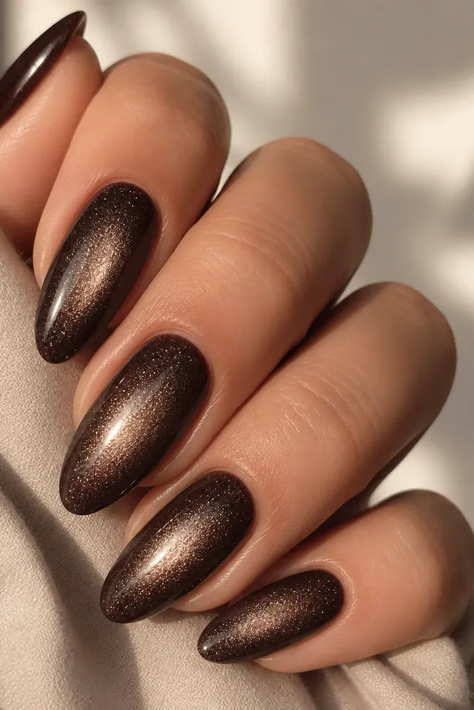 Almond nails in dark brown cat-eye with a soft taupe glitter aura spreading outward from the center stripe, strongest near the middle.