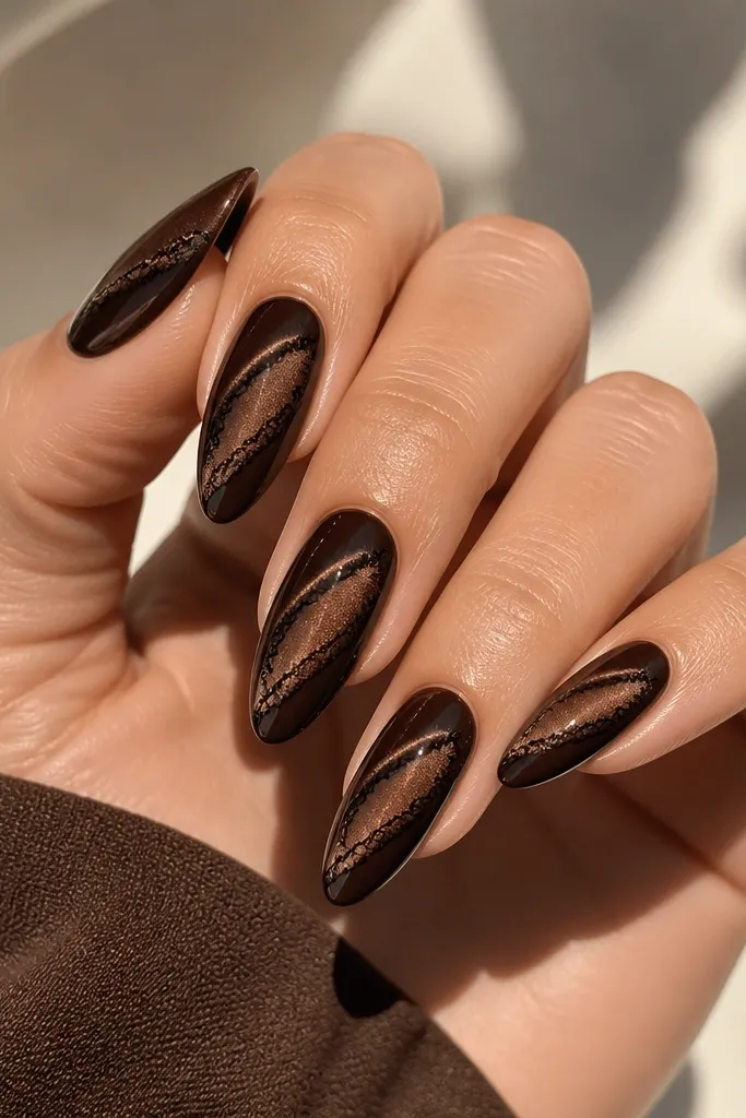 Long almond nails with dark chocolate cat-eye stripe and a thin black lace-like line curling along one side of each nail.