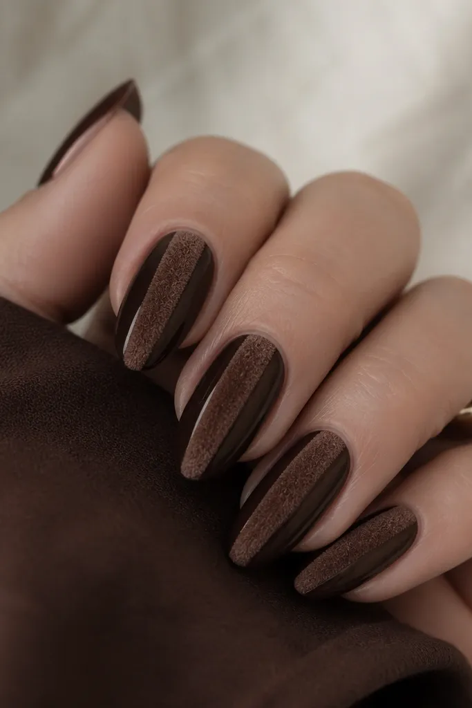 Almond nails in deep brown cat-eye; the center stripe is covered with brown velvet powder so it looks matte and fuzzy against glossy sides.
