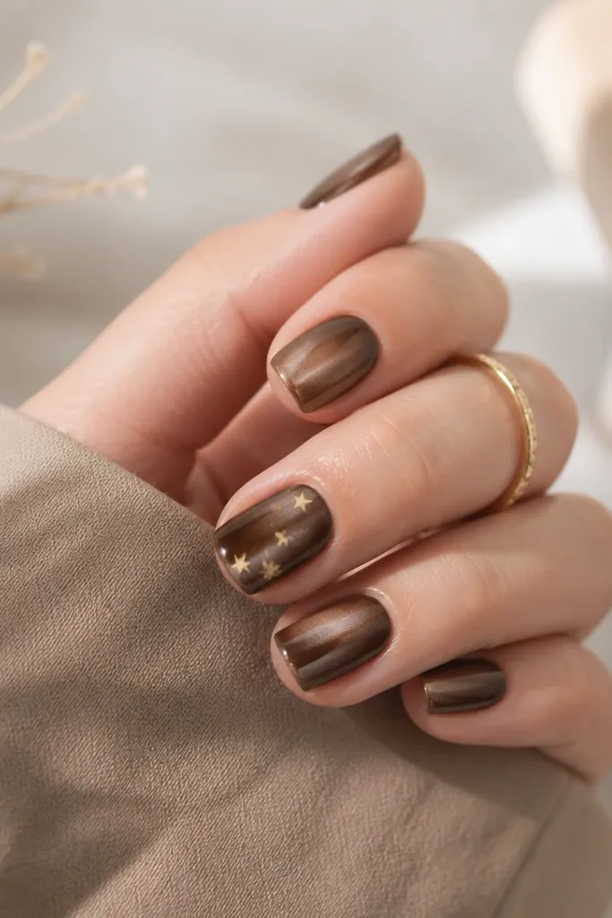 Short squoval nails in mocha brown cat-eye with a few tiny gold star confetti pieces scattered near the tip on one accent nail.
