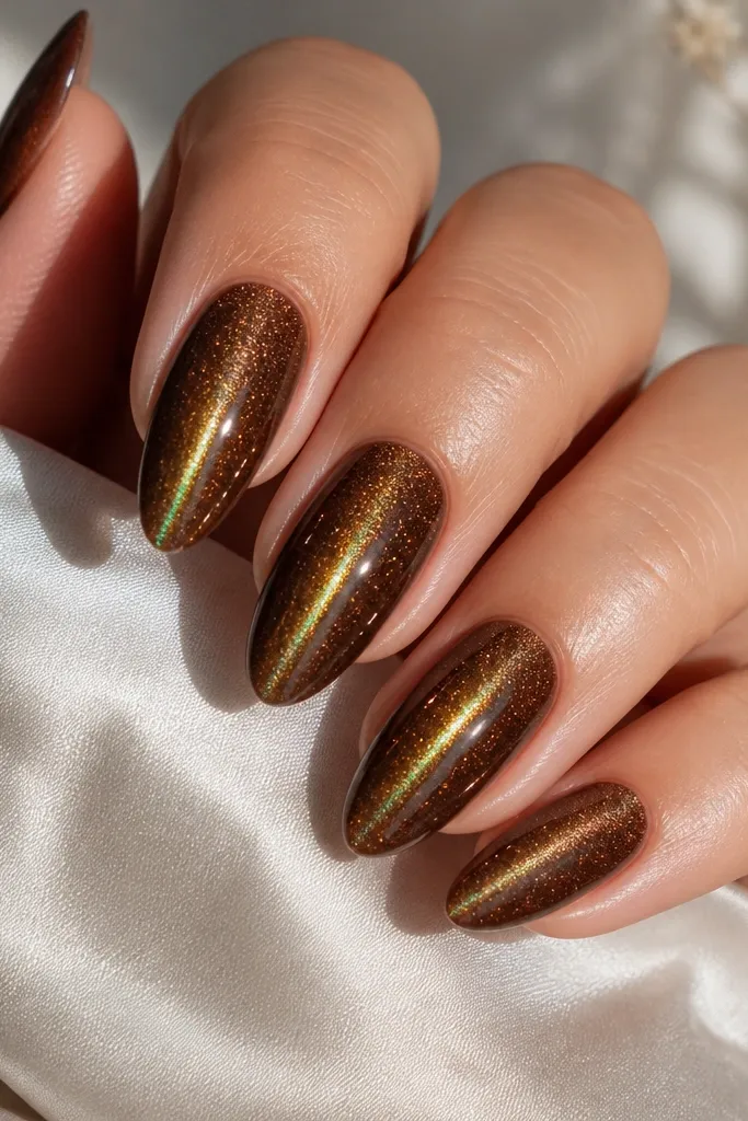 Almond nails painted brown cat-eye with a subtle green flash visible in the brown depths; stripe is centered and bright with a holographic hint.