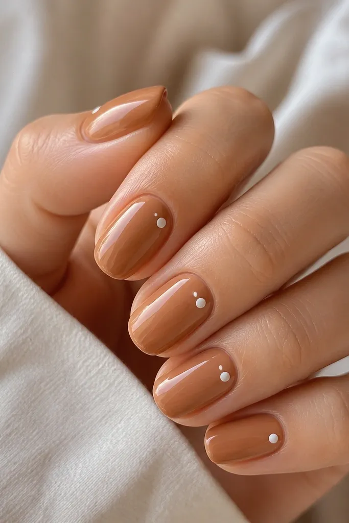 Four nails show a caramel nude polish base with two tiny white polka dots near the outer corner; the other nails have a single dot by the sidewall. Glossy finish, clean cuticles, dots are perfectly round.