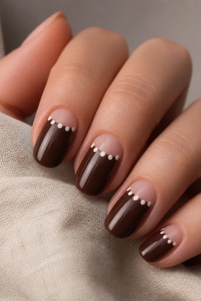 A deep chocolate brown base covers most of the nail, with a lighter nude half-moon at the cuticle. Along the boundary line, there are three white polka dots spaced evenly like a dotted collar.