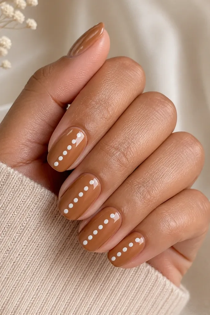 A warm toffee brown base with a diagonal line of white dots running from lower left to upper right across each nail. The dots are medium size and evenly spaced, with a glossy finish.
