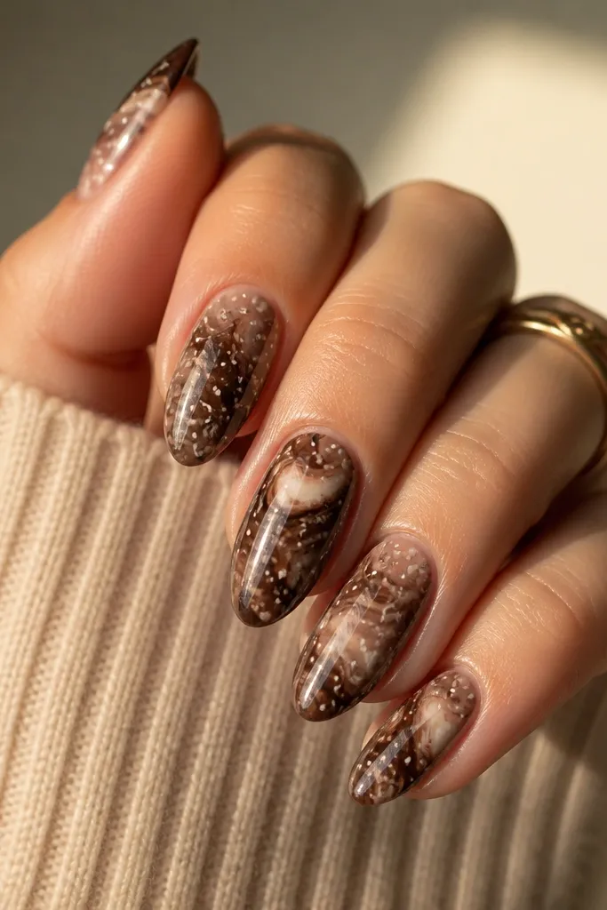 A mocha marble base with swirls of medium and dark brown. Tiny white specks are scattered like paint splatter but still round, with a glossy top coat.
