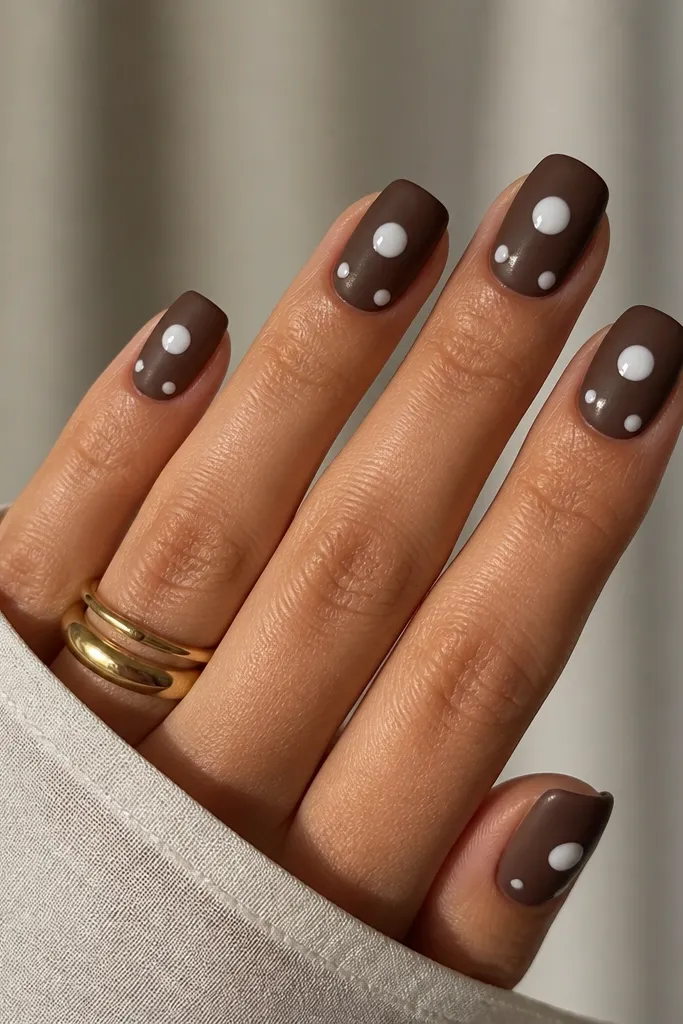 Matte walnut brown nails with bold white polka dots that have glossy shine on top. Each nail has one larger dot near the middle and two smaller dots near the tip corners.