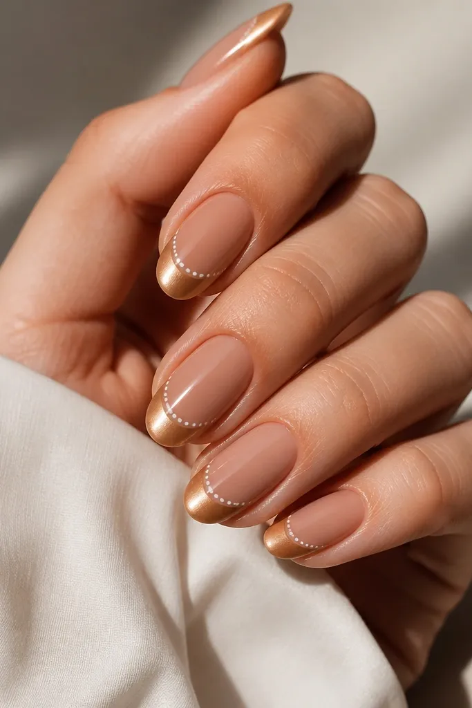 A nude brown base with caramel chrome tips. A thin line near the tip edge is dotted with small white polka dots, like a border. Glossy overall finish.