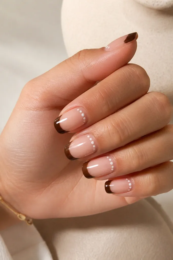 Espresso brown French tips on a nude base. Just under the cuticle line, there's a row of 4-5 white polka dots across each nail, with a glossy finish.