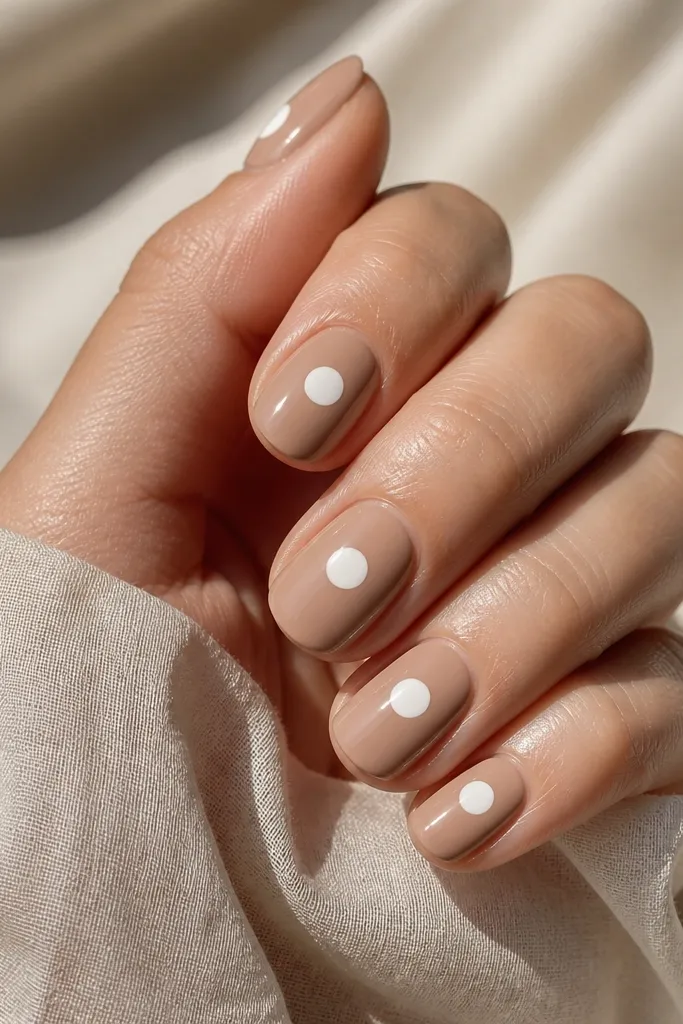 A milky tea brown base with a single large white polka dot centered on each nail. The dots are perfectly round and glossy, with a smooth finish.