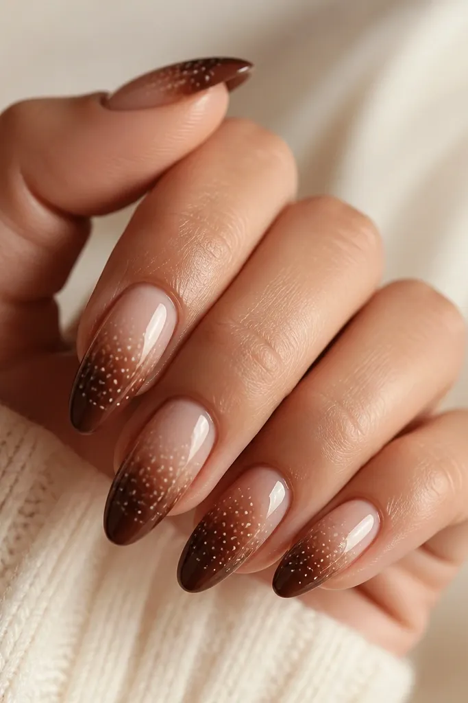 A smooth brown ombre from nude cuticle into deeper chocolate tip. White polka dots get smaller and lighter toward the tip edge, with glossy finish.