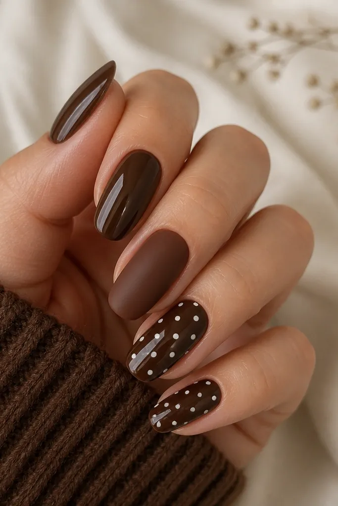Five nails are solid dark brown in different finishes (glossy, matte, satin), and one or two nails have small white polka dots with a clean spacing pattern. The dotted nails stand out.